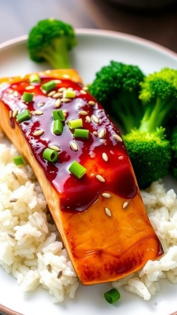 Maple soy glazed salmon fillet garnished with sesame seeds and green onions, served with rice and broccoli on a white plate.